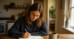Comment pratiquer le journaling pour sa santé mentale ? Une personne écrit dans un carnet près d'une fenêtre pour sa pratique du journaling santé mentale au quotidien.