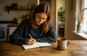 Comment pratiquer le journaling pour sa santé mentale ? Une personne écrit dans un carnet près d'une fenêtre pour sa pratique du journaling santé mentale au quotidien.