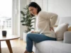 Le sens spirituel d’un mal de dos ressenti à gauche Femme habillée ressentant une gêne avec un mal de dos côté gauche signification spirituelle dans son salon lumineux