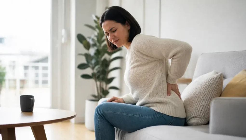 Femme habillée ressentant une gêne avec un mal de dos côté gauche signification spirituelle dans son salon lumineux