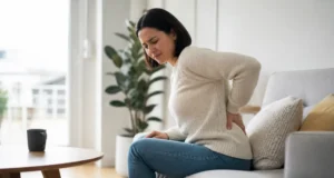 Le sens spirituel d’un mal de dos ressenti à gauche Femme habillée ressentant une gêne avec un mal de dos côté gauche signification spirituelle dans son salon lumineux
