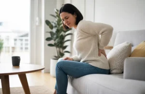 Le sens spirituel d’un mal de dos ressenti à gauche Femme habillée ressentant une gêne avec un mal de dos côté gauche signification spirituelle dans son salon lumineux