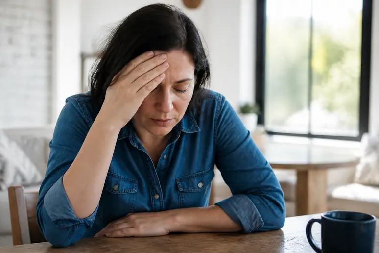 Personne ressentant un mal de tête du côté gauche dans un salon lumineux