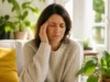 Mal de tête côté gauche : sens spirituel et blocage affectif Une femme assise chez elle se massant la tempe pour illustrer un mal de tête côté gauche signification spirituelle.