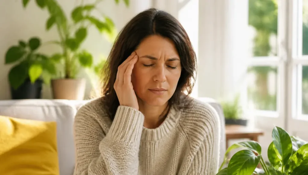 Une femme assise chez elle se massant la tempe pour illustrer un mal de tête côté gauche signification spirituelle.