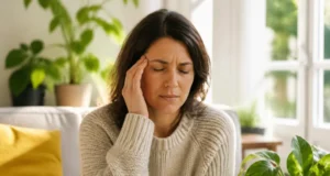 Mal de tête côté gauche : sens spirituel et blocage affectif Une femme assise chez elle se massant la tempe pour illustrer un mal de tête côté gauche signification spirituelle.