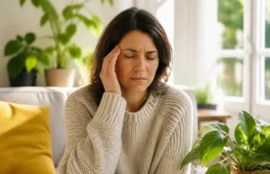 Mal de tête côté gauche : sens spirituel et blocage affectif Une femme assise chez elle se massant la tempe pour illustrer un mal de tête côté gauche signification spirituelle.