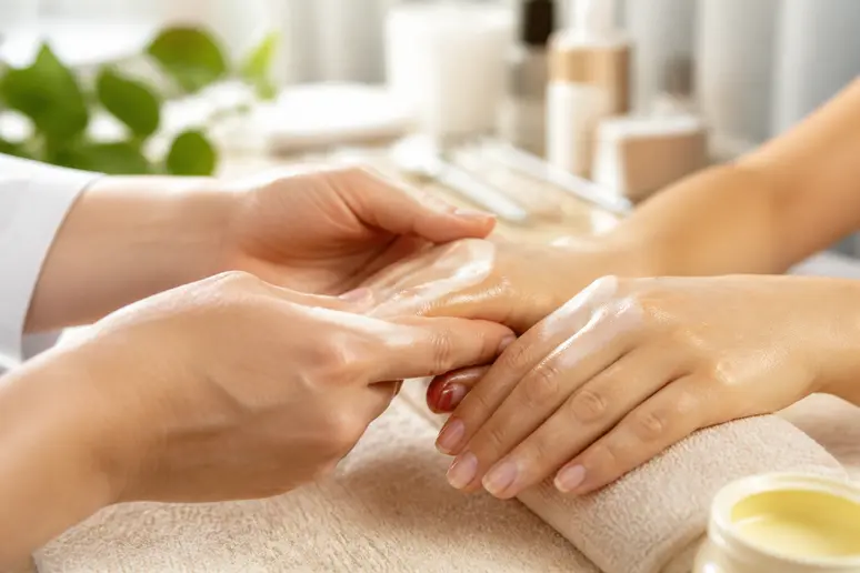 Manucuriste appliquant un soin nourrissant pour des ongles sains, dans un salon moderne et lumineux.