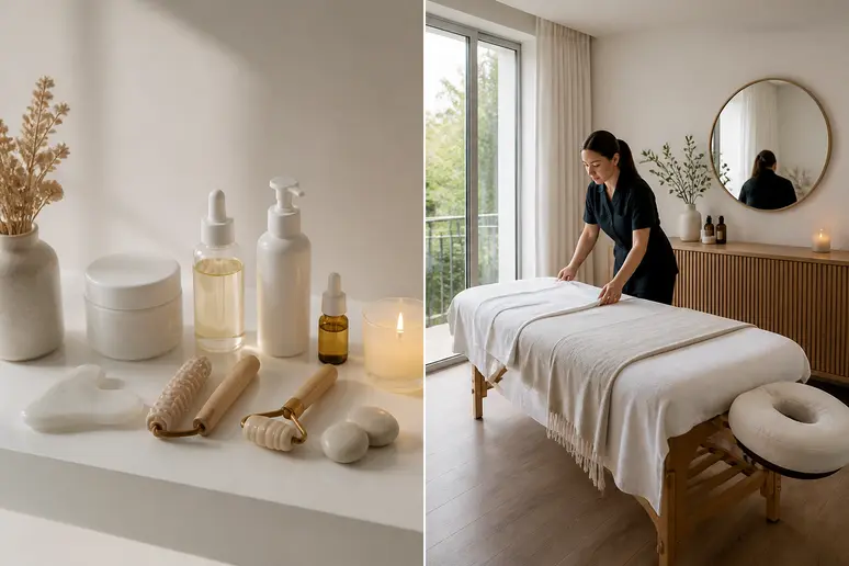 Préparation pour méthode renata franca avant après : produits de beauté et espace de soin lumineux.
