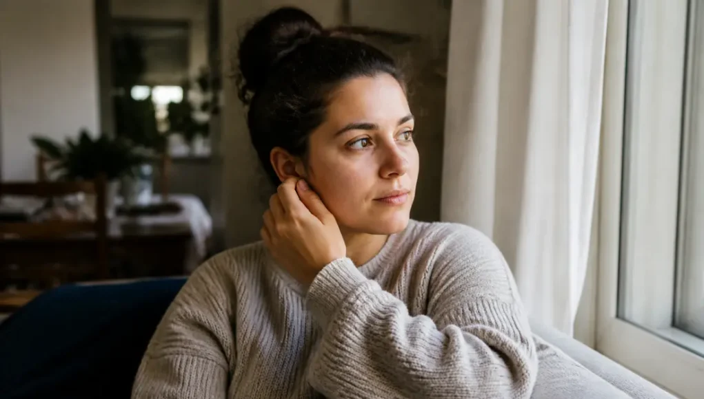 Une personne assise près d'une fenêtre ensoleillée explore une oreille qui siffle signification spirituelle chez elle.