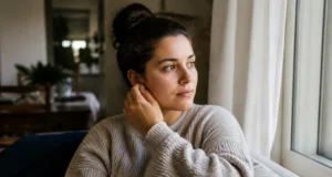 Comprendre le sens spirituel d’une oreille qui siffle Une personne assise près d'une fenêtre ensoleillée explore une oreille qui siffle signification spirituelle chez elle.