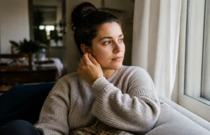 Comprendre le sens spirituel d’une oreille qui siffle Une personne assise près d'une fenêtre ensoleillée explore une oreille qui siffle signification spirituelle chez elle.