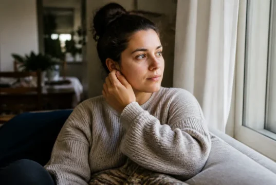 Comprendre le sens spirituel d’une oreille qui siffle Une personne assise près d'une fenêtre ensoleillée explore une oreille qui siffle signification spirituelle chez elle.