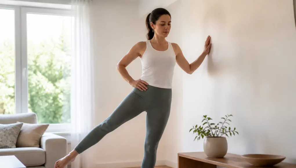 Femme pratiquant des exercices Pilates au mur dans son salon lumineux pour se tonifier