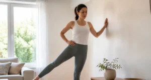 6 exercices de Pilates au mur pour se tonifier chez soi Femme pratiquant des exercices Pilates au mur dans son salon lumineux pour se tonifier