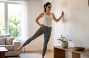 6 exercices de Pilates au mur pour se tonifier chez soi Femme pratiquant des exercices Pilates au mur dans son salon lumineux pour se tonifier