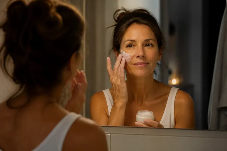 Application d'une crème de soin le soir pour intégrer le rétinol sans irriter la peau