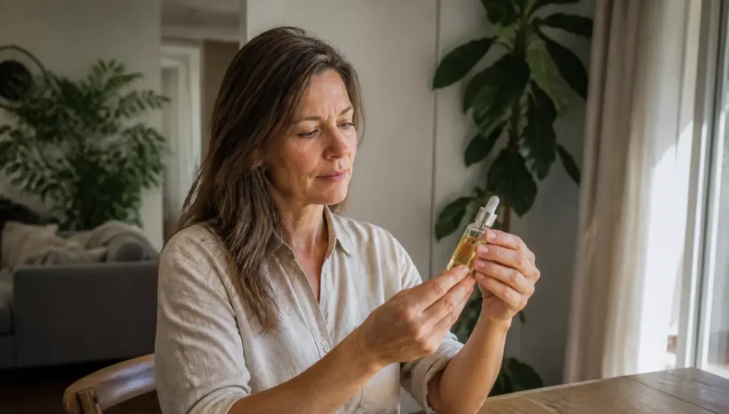 Femme mûre examinant un flacon de soin cosmétique pour analyser son rétinol visage efficacité rides à la maison
