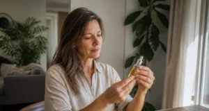 Le rétinol est-il efficace pour lisser les rides du visage ? Femme mûre examinant un flacon de soin cosmétique pour analyser son rétinol visage efficacité rides à la maison