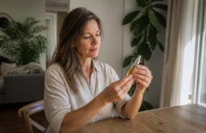 Le rétinol est-il efficace pour lisser les rides du visage ? Femme mûre examinant un flacon de soin cosmétique pour analyser son rétinol visage efficacité rides à la maison