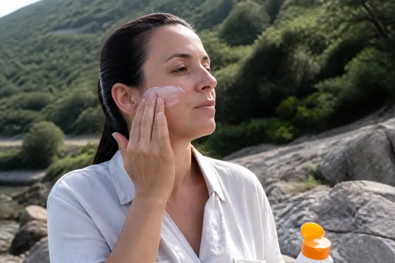 Application d'une crème solaire protectrice sur le visage après une séance