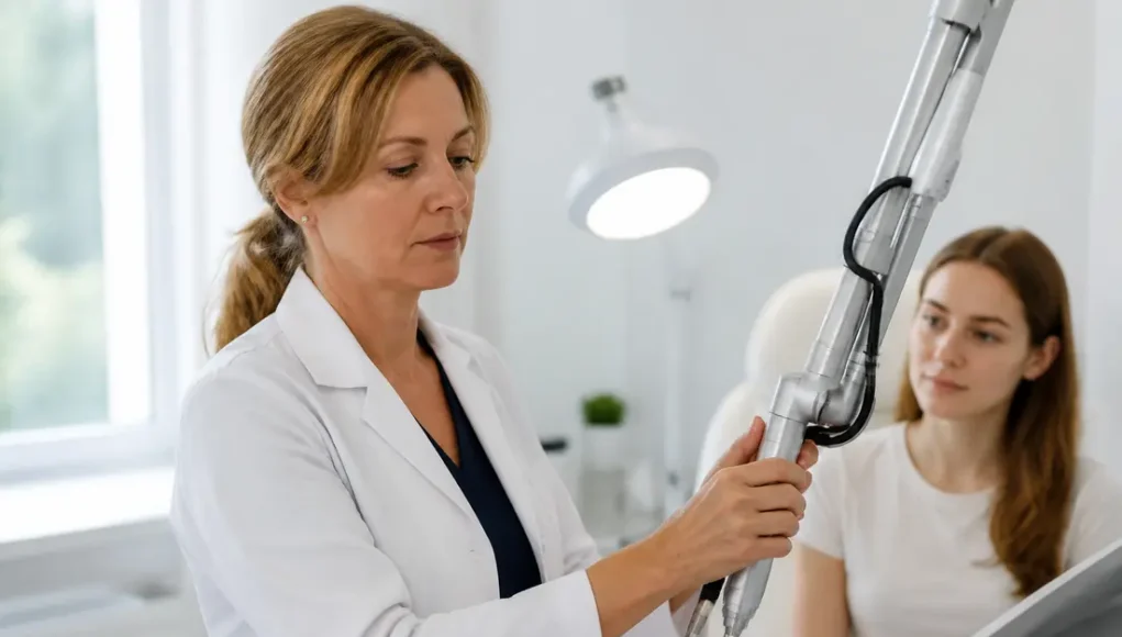 Un médecin ajuste un équipement médical avant une séance de rosacée laser dans un cabinet lumineux.