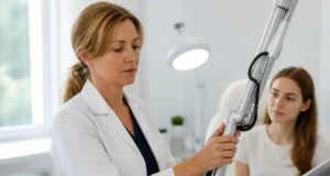 Laser et rosacée : efficacité, tarif des séances et suites Un médecin ajuste un équipement médical avant une séance de rosacée laser dans un cabinet lumineux.