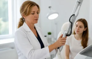 Laser et rosacée : efficacité, tarif des séances et suites Un médecin ajuste un équipement médical avant une séance de rosacée laser dans un cabinet lumineux.