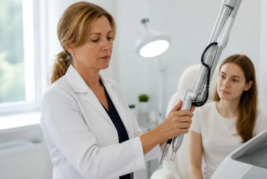 Laser et rosacée : efficacité, tarif des séances et suites Un médecin ajuste un équipement médical avant une séance de rosacée laser dans un cabinet lumineux.