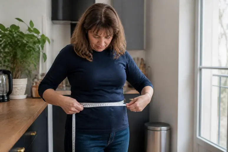 Femme française mesurant son tour de taille avec précision à domicile