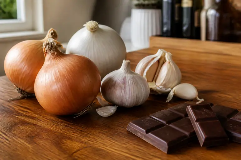 Ingrédients dangereux comme le chocolat et les alliacées posés sur un plan de travail.