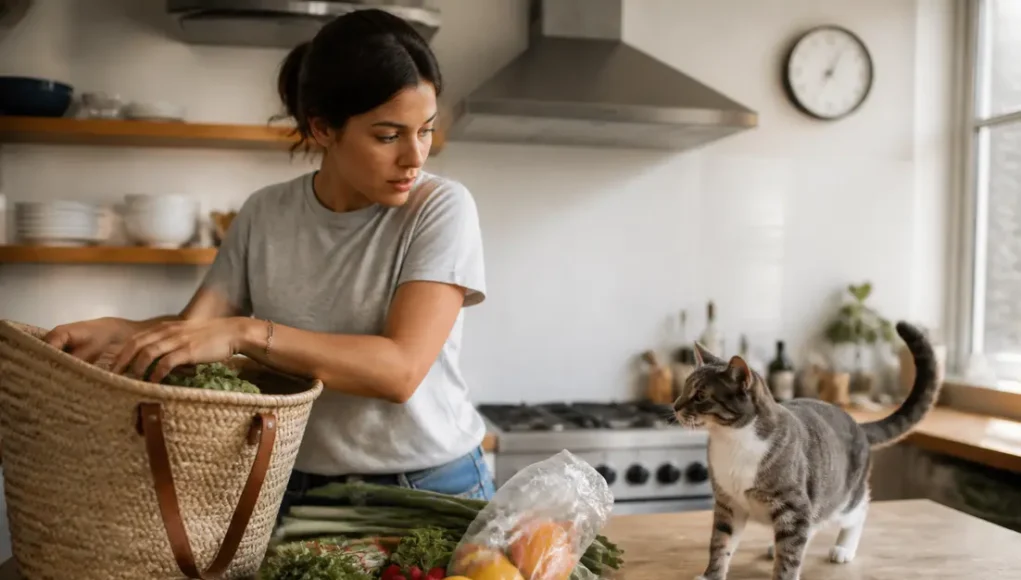 Les aliments toxiques pour le chat et les erreurs à éviter Un chat domestique curieux observe des aliments toxiques chat posés sur la cuisine.