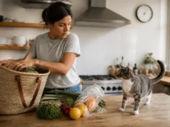 Les aliments toxiques pour le chat et les erreurs à éviter Un chat domestique curieux observe des aliments toxiques chat posés sur la cuisine.