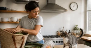 Les aliments toxiques pour le chat et les erreurs à éviter Un chat domestique curieux observe des aliments toxiques chat posés sur la cuisine.