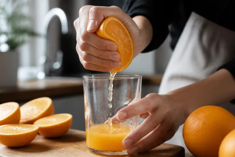 Mains pressant une orange fraîche pour en extraire le jus dans une cuisine lumineuse