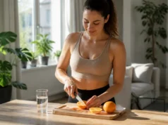 Quels bienfaits de l’orange sur la santé face aux reflux ? Femme préparant des agrumes dans sa cuisine pour profiter des bienfaits orange santé au quotidien.