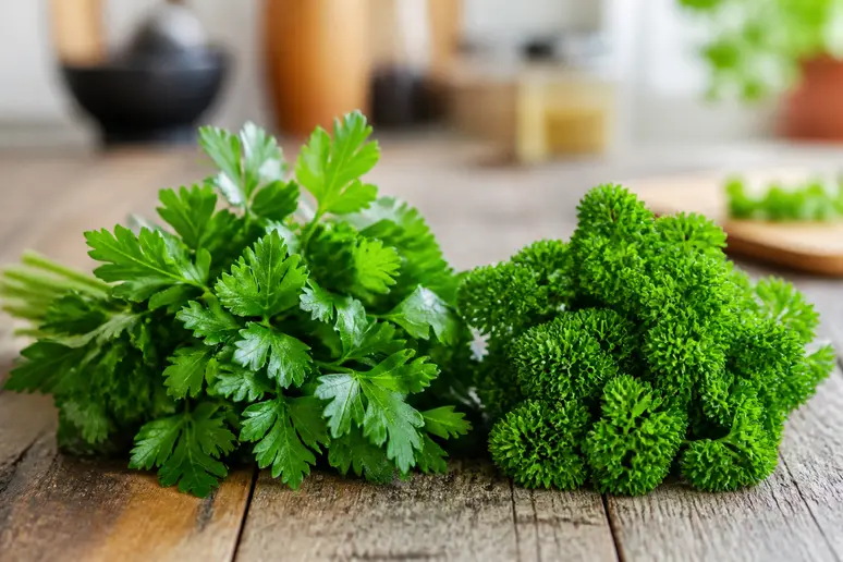 Bouquets de persil plat et de persil frisé posés sur une table en bois clair pour une infusion