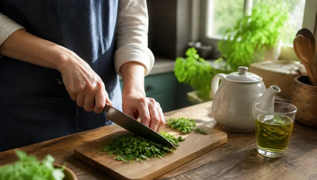 Bienfaits du persil : vertus rénales et contre-indications Préparation d'une infusion maison et découpe de persil frais pour illustrer les bienfaits du persil sur la santé