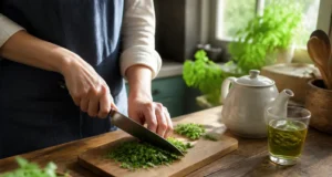 Bienfaits du persil : vertus rénales et contre-indications Préparation d'une infusion maison et découpe de persil frais pour illustrer les bienfaits du persil sur la santé