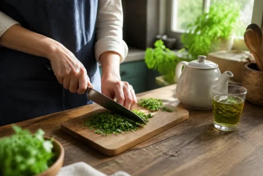 Bienfaits du persil : vertus rénales et contre-indications Préparation d'une infusion maison et découpe de persil frais pour illustrer les bienfaits du persil sur la santé