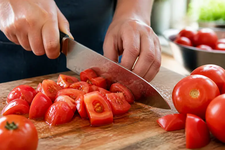 Découpe de tomates fraîches sur une planche en bois pour les bienfaits de la tomate pour la santé