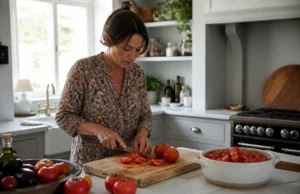 Bienfaits santé de la tomate : cœur, tension et limites Une femme cuisine des tomates fraîches et cuites, illustrant les bienfaits de la tomate pour la santé.