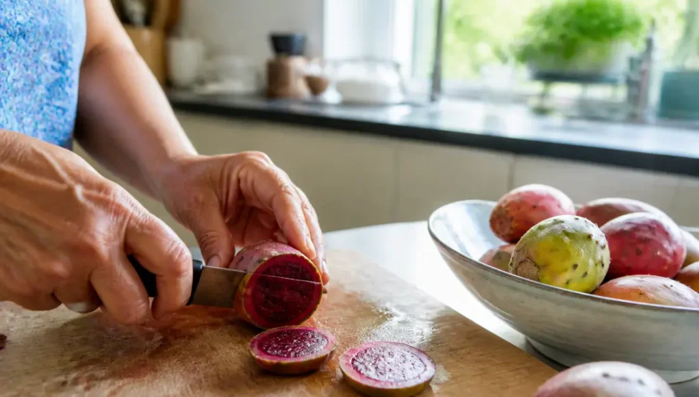 Bienfaits de la figue de barbarie : peau, transit et pépins Un plan rapproché en cuisine montrant la découpe de fruits frais pour illustrer les bienfaits figue de barbarie au quotidien