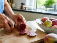 Bienfaits de la figue de barbarie : peau, transit et pépins Un plan rapproché en cuisine montrant la découpe de fruits frais pour illustrer les bienfaits figue de barbarie au quotidien