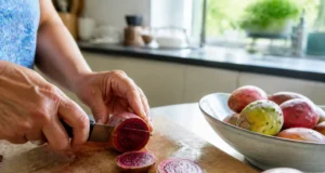 Bienfaits de la figue de barbarie : peau, transit et pépins Un plan rapproché en cuisine montrant la découpe de fruits frais pour illustrer les bienfaits figue de barbarie au quotidien
