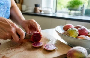 Bienfaits de la figue de barbarie : peau, transit et pépins Un plan rapproché en cuisine montrant la découpe de fruits frais pour illustrer les bienfaits figue de barbarie au quotidien