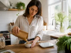 Bienfaits des pistaches : crues ou grillées et portion de 30 g Une femme prépare une portion quotidienne pour profiter des bienfaits des pistaches dans sa cuisine