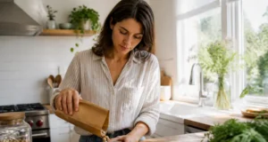 Bienfaits des pistaches : crues ou grillées et portion de 30 g Une femme prépare une portion quotidienne pour profiter des bienfaits des pistaches dans sa cuisine