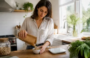 Bienfaits des pistaches : crues ou grillées et portion de 30 g Une femme prépare une portion quotidienne pour profiter des bienfaits des pistaches dans sa cuisine