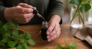 Quels bienfaits du bourgeon de cassis face à l’hypertension ? gouttes de bourgeon de cassis bienfaits préparées sur une table en bois naturel